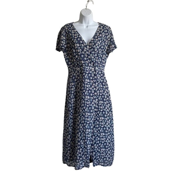 Madewell Blue French Floral Faux Wrap Midi Dress Short Sleeve Size 10 - Picture 2 of 9
